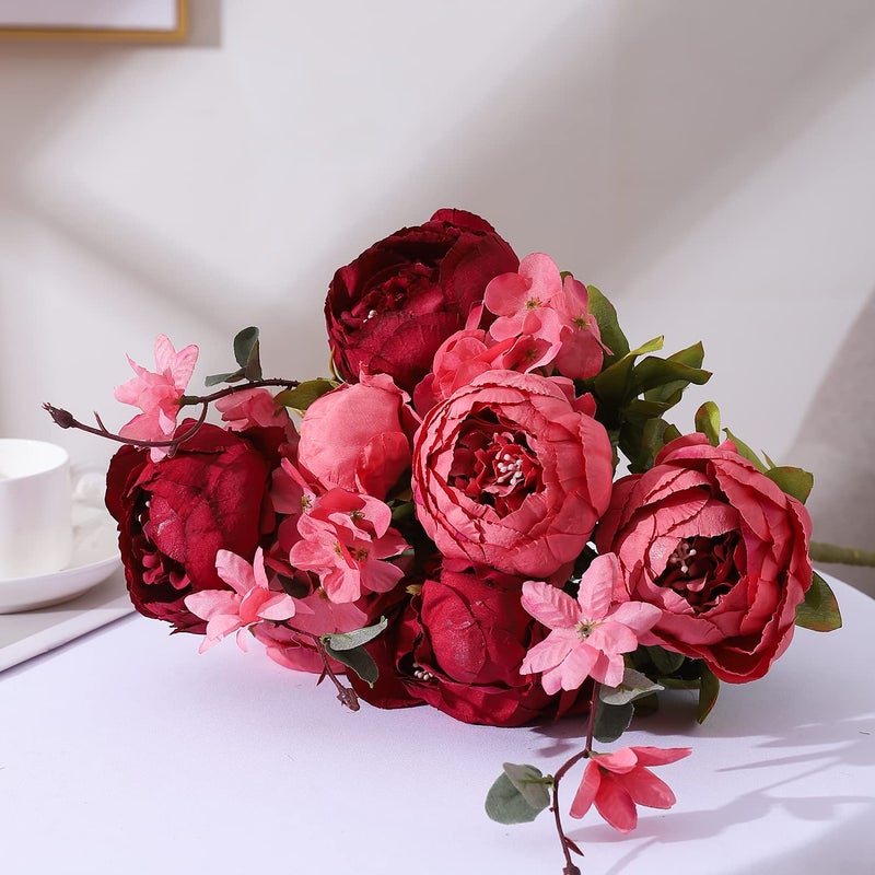 Duovlo Fake Flowers Vintage Artificial Peony Silk Flowers Wedding Home Decoration,Pack of 1 (New Red) - Image 4